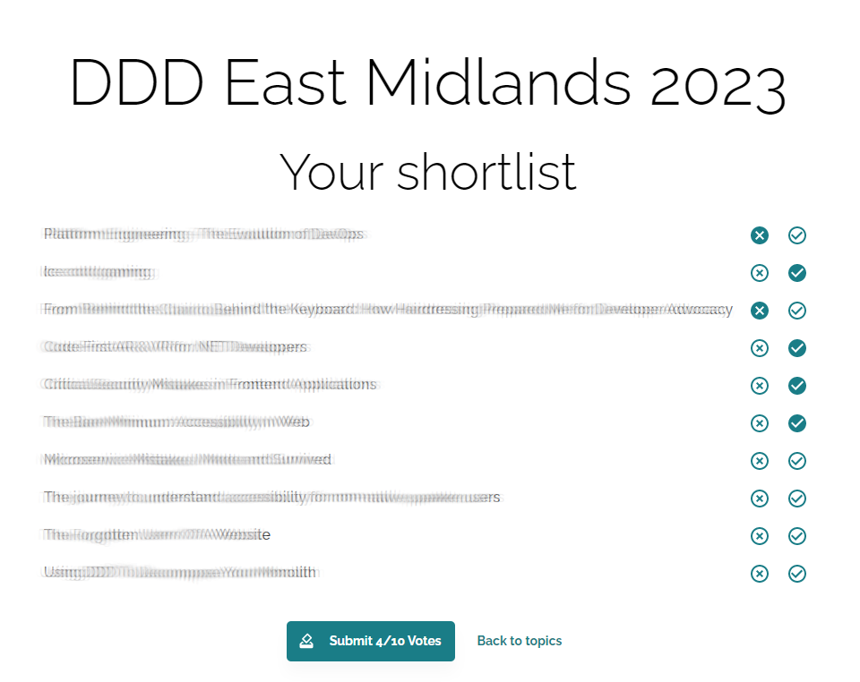 Screenshot of the shortlist page